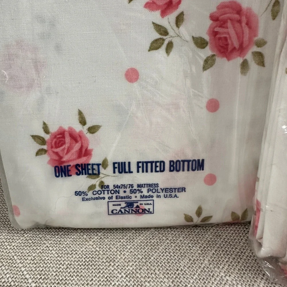 NEW Vintage Cannon No-Iron Muslin Full Flat & Fitted Sheet Set Rose Floral White